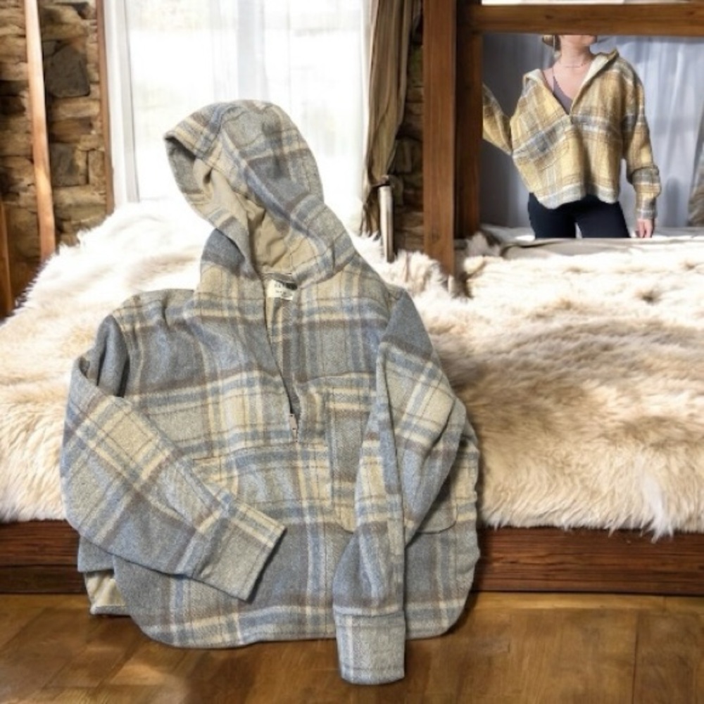 Women’s Plaid Jacket w/Hoodie, plaid pastel Coat Top, Fall Dress Blouse, sweater